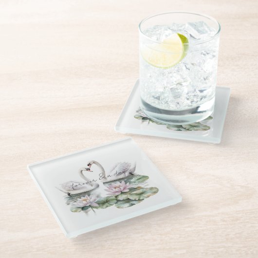 Romantische Pink Lotus Floral Swans Hochzeit Glasuntersetzer (Schrägansicht)