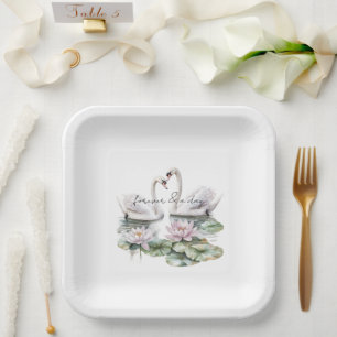 Romantische Pink Lotus Floral Swans Hochzeit Pappteller