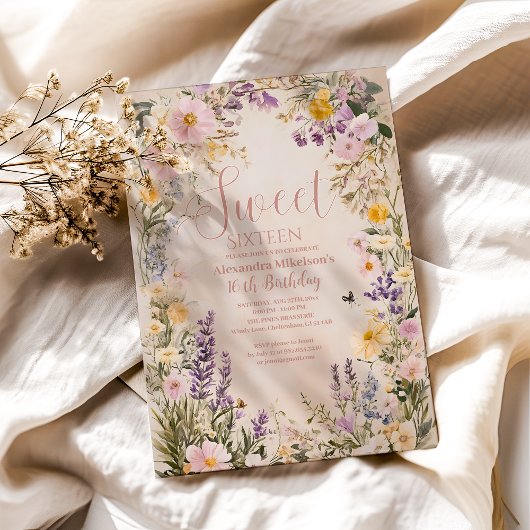 Romantische Pink Pastel Wildblumen Sweet 16 Invita Einladung