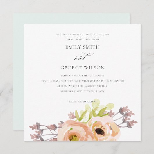 ROMANTISCHE PINK PEACH BLUSH LILA BLUMENWEDD EINLADUNG (Vorne/Hinten)