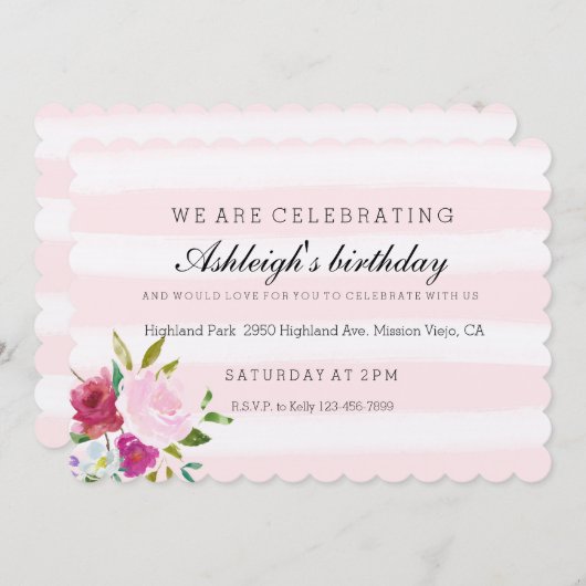 Romantische Pink Wasserfarben Streifen Blumengebur Einladung (Vorne/Hinten)