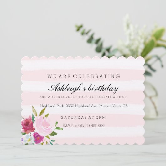Romantische Pink Wasserfarben Streifen Blumengebur Einladung (Stehend Vorderseite)