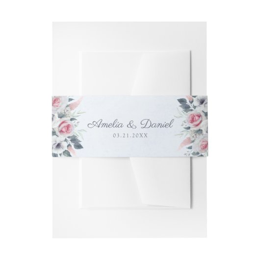 Romantische Pink Watercolor Rose Blaue Hochzeit Einladungsbanderole (Vorderseite Beispiel)