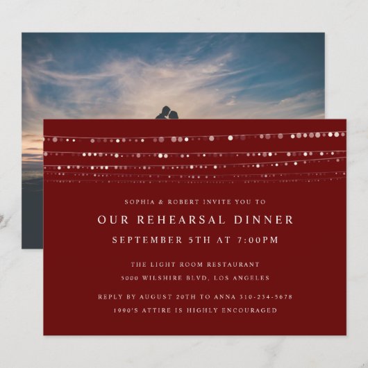 Romantische Probe Lights Abendessen am Maroon Einladung (Vorne/Hinten)