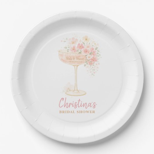 Romantische Prosecco- & Blumen-Brautparty Pappteller (Vorderseite)