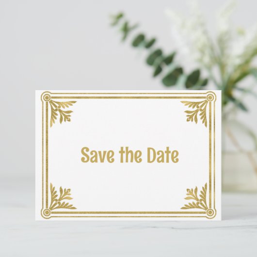 Romantische Rahmen aus Weiß und Gold Save The Date (Stehend Vorderseite)