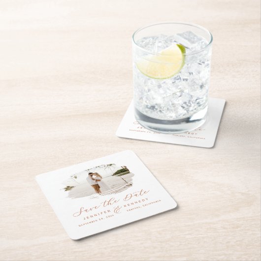 Romantische Rahmen Terracotta Save the Date Rechteckiger Pappuntersetzer (Vor Ort)