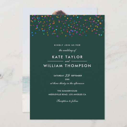 Romantische Rainbow Confetti Emerald Foto Wedding Einladung (Vorne/Hinten)