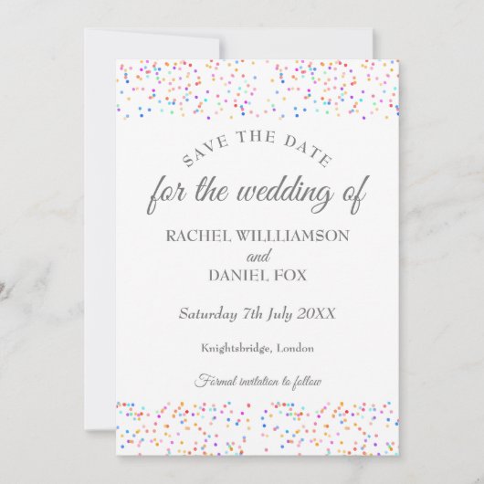Romantische Rainbow Confetti Wedding Save The Date (Vorderseite)