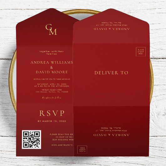 Romantische Red and Gold Monogram QR-Hochzeit All In One Einladung
