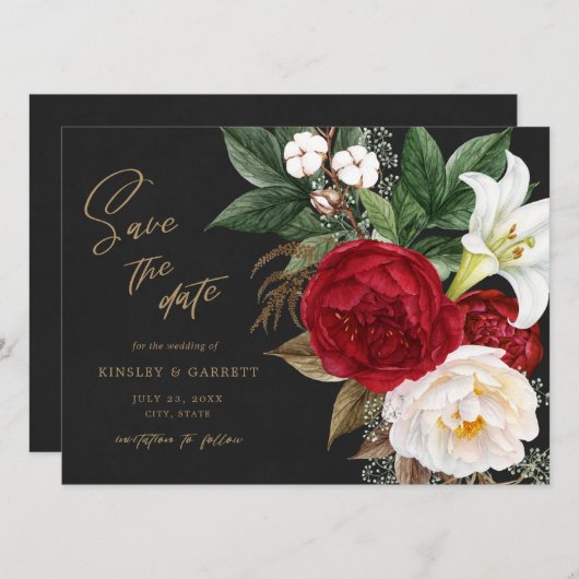 Romantische Red Floral Bouquet Black & Gold Weddin Save The Date (Vorne/Hinten)