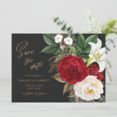 Romantische Red Floral Bouquet Black & Gold Weddin Save The Date (Stehend Vorderseite)