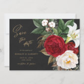 Romantische Red Floral Bouquet Black & Gold Weddin Save The Date (Vorderseite)
