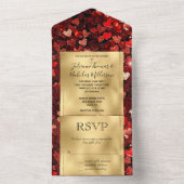 Romantische Red Gold Glitzy Hearts Wedding All In One Einladung (Innen Boden)
