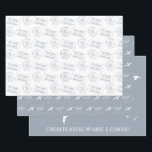 Romantische ReiseTHeme Passport Briefmarke Karte Geschenkpapier Set<br><div class="desc">Reisen staubige blaue Hochzeitspass-Briefmarke, Flugzeug-Herz-Trail-Monogramm, und Weltkarte-Design auf personalisierten Verpackungspapier mit mehreren Designs für ein Hochzeit in Urlaubsort Paar oder Reise-Thema Brautparty oder Empfang-Tisch-Dekoration. Geben Sie den Ort der Hochzeit, die Namen der Ehepaare und das Hochzeitdatum ein, um die Briefmarke für das Zollvisum und das romantische Flugzeug Monogramm-Design zu erstellen....</div>