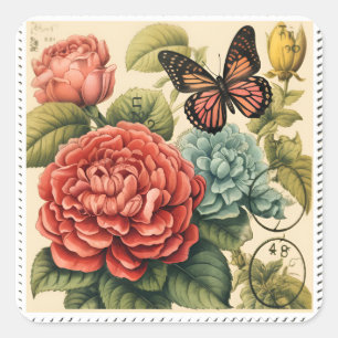 Romantische Retro-Briefmarke-Sticker Quadratischer Aufkleber