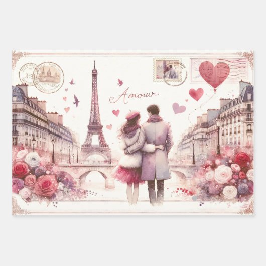 Romantische Retro Paris Liebe Rosa Geschenkpapier Set (Vorderseite 2)