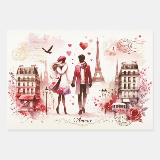 Romantische Retro Paris Liebe Rosa Geschenkpapier Set (Vorderseite)