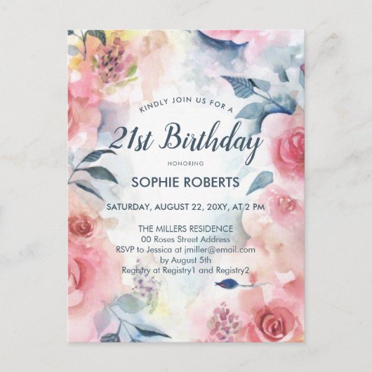Romantische Rosa Aquarellfarben Floral 21. Geburts Einladungspostkarte (Vorderseite)