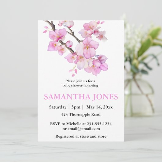 Romantische Rosa Aquarellkirschblüten Einladung (Stehend Vorderseite)