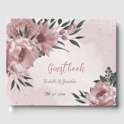 Romantische rosa Blume & grüne Blätter Hochzeit Gästebuch (Vorderseite)