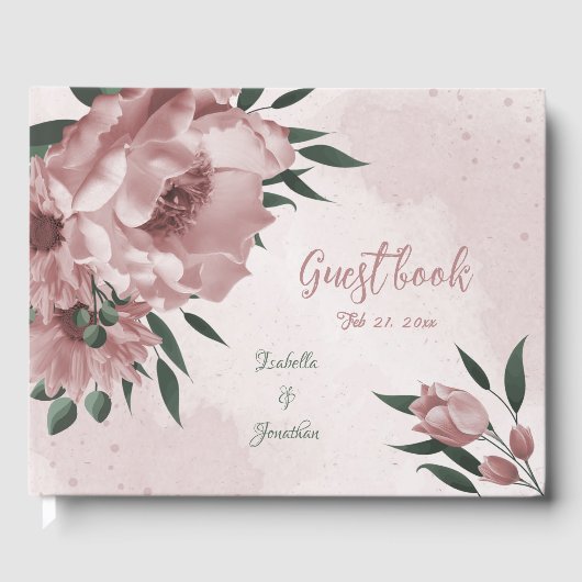 Romantische rosa Blume & grüne Blätter Hochzeit Gästebuch (Vorderseite)