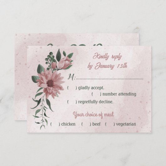 Romantische rosa Blume, grüne Blätter RSVP Karte (Vorne/Hinten)