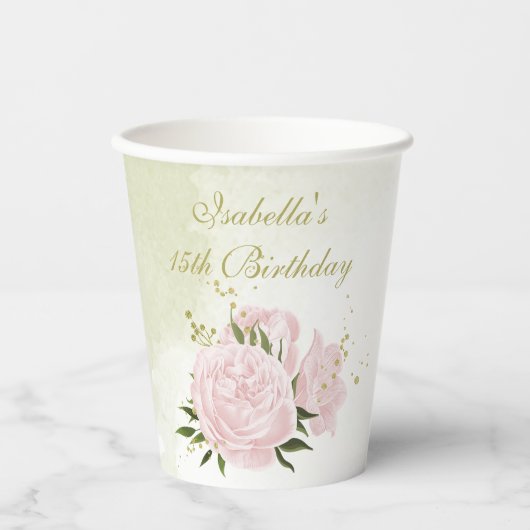 Romantische rosa Blume Pappbecher (Vorderseite)