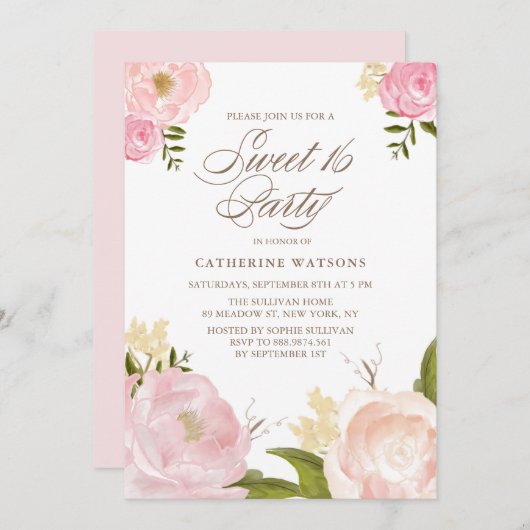 Romantische Rosa Blume Süß 16 Party Einladung (Vorne/Hinten)