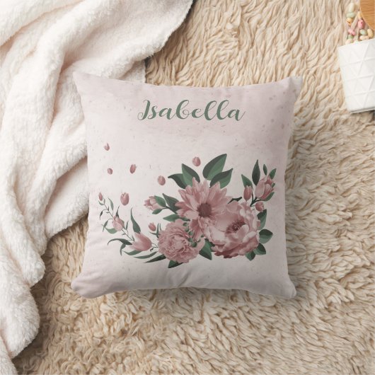 Romantische rosa Blume und grüne Blätter Kissen (Decke)