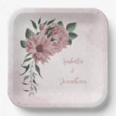 Romantische rosa Blume und grüne Blätter Pappteller (Vorderseite)