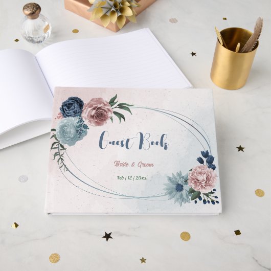 Romantische rosa Blumen Grüne Hochzeit Gästebuch (Vorderseite Offen)