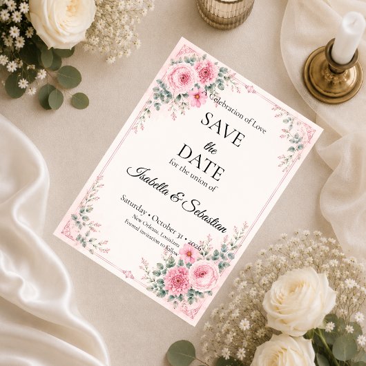 Romantische rosa Blumen Save The Date
