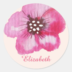 Romantische rosa Blumen-Wasserfarbe anpassbar Runder Aufkleber