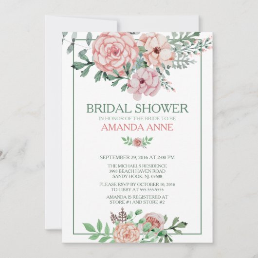 Romantische Rosa Blumendusche Einladung (Vorderseite)