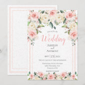 Romantische Rosa Blumengrün Typografie Hochzeit Einladung (Vorne/Hinten)