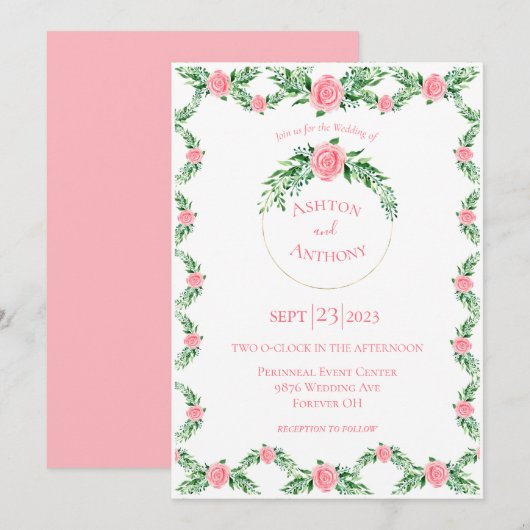 Romantische rosa Blumengrün Typografie Hochzeit I Einladung (Vorne/Hinten)