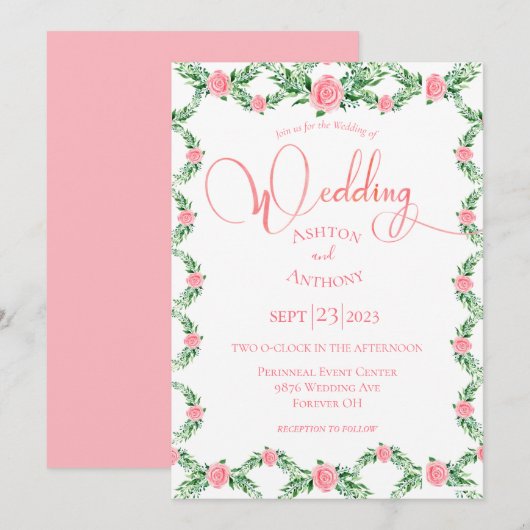 Romantische rosa Blumengrün Typografie Hochzeit I Einladung (Vorne/Hinten)