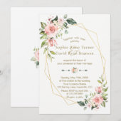 Romantische Rosa Blush Blume Goldrahmen Hochzeit Einladung (Vorne/Hinten)