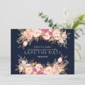 Romantische Rosa Blush Blume Hochzeit Navy Blue Save The Date (Stehend Vorderseite)