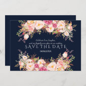 Romantische Rosa Blush Blume Hochzeit Navy Blue Save The Date (Vorne/Hinten)