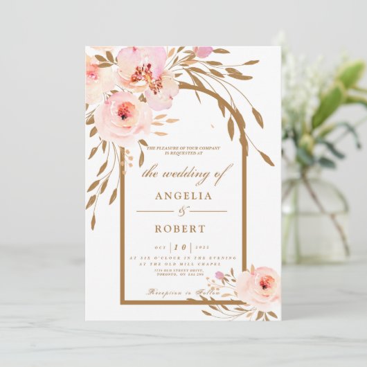 Romantische Rosa Blush Gold Floral Wedding Einladung (Stehend Vorderseite)