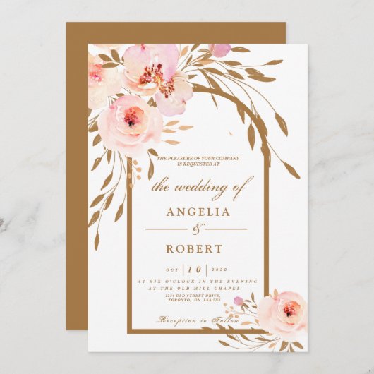 Romantische Rosa Blush Gold Floral Wedding Einladung (Vorne/Hinten)