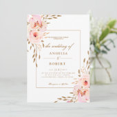 Romantische Rosa Blush Gold Floral Wedding Einladung (Stehend Vorderseite)