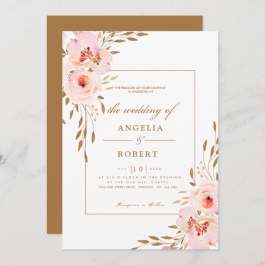 Romantische Rosa Blush Gold Floral Wedding Einladung (Vorne/Hinten)