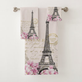 Romantische rosa Blüten Paris Eiffelturm Badhandtuch Set