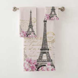 Romantische rosa Blüten Paris Eiffelturm Badhandtuch Set