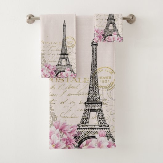 Romantische rosa Blüten Paris Eiffelturm Badhandtuch Set (Insitu)