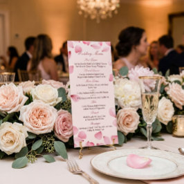 Romantische rosa Blütenblätter Hochzeitsmenü Menükarte