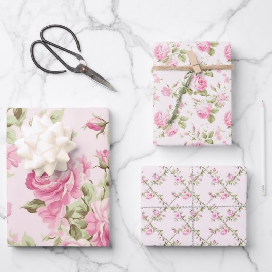 Romantische Rosa Cabbage-Rose | Shabby-Hütte Geschenkpapier Set (Vorderseite)